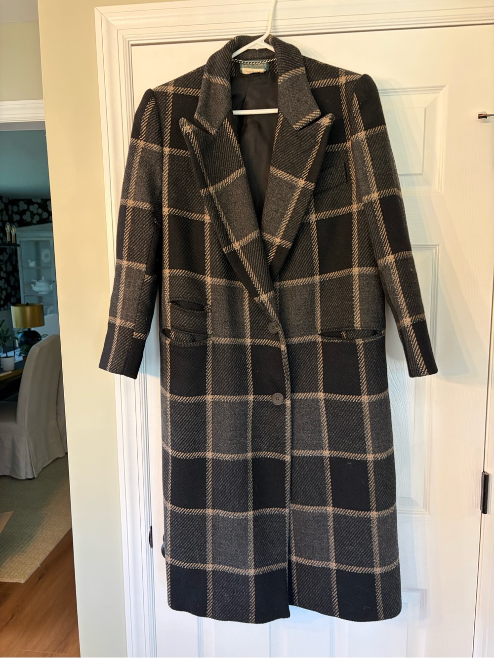 Harvé Bernard Wool-Brown & Gray Windowpane Long Coat Size 8